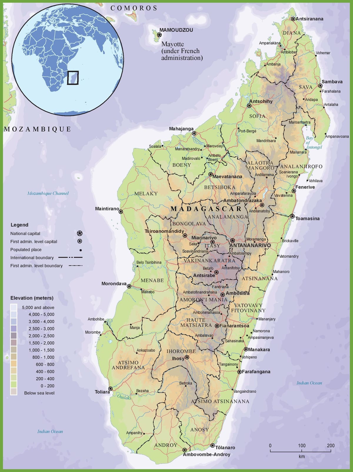 ನಕ್ಷೆ ದೈಹಿಕ ನಕ್ಷೆ ಆಫ್ ಮಡಗಾಸ್ಕರ್