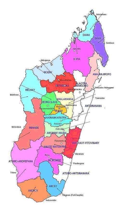 ಮ್ಯಾಪ್ ಆಫ್ ಮಡಗಾಸ್ಕರ್ ಪ್ರದೇಶಗಳಲ್ಲಿ
